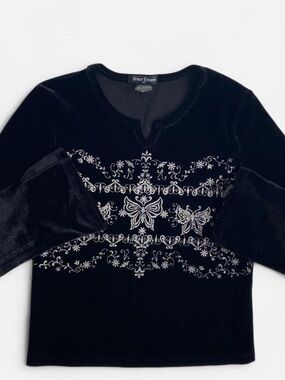 Vintage girls sparkly black velvet butterfly long sleeve top